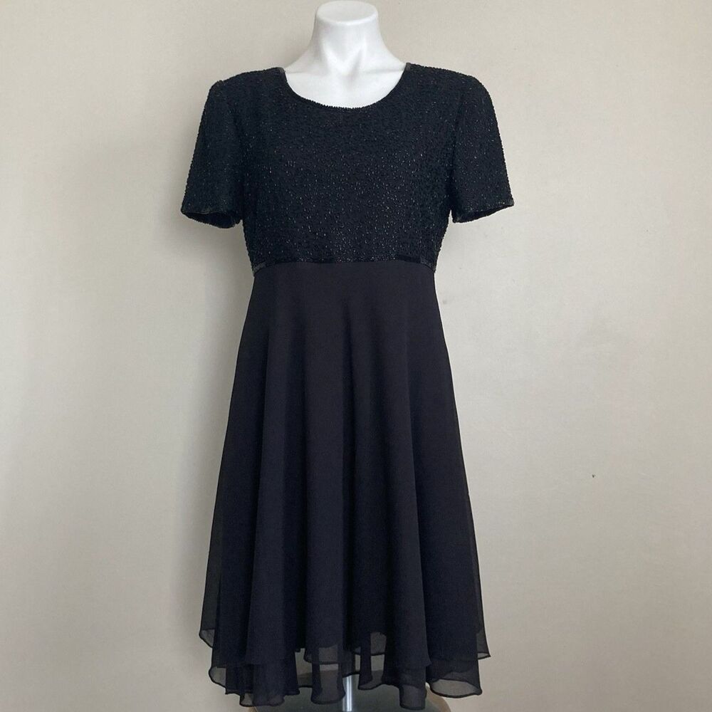 Vintage Lawrence Kazar Beaded Dress Size M Black Short Sleeve Zipped Formal Prom